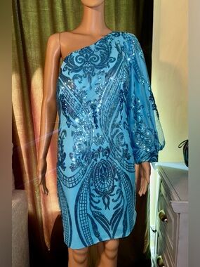 Blue Teal Sequin One Sleeve Dress Formal Prom Homecoming 12 Pageant Bling Y2K